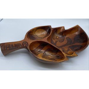 Leaf Carved Wooden Serving Tray Divided Dish Bowl